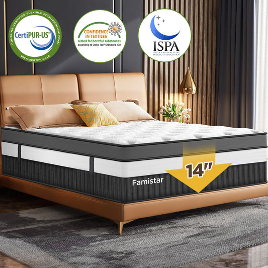 Campmoy 14" Queen Mattress, Hybrid Memory Foam Mattress and Pocket Spring Mattress in a Box