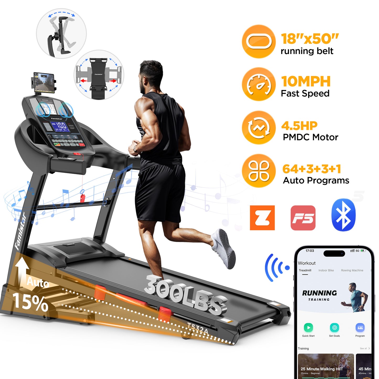 FaayFian 4.5HP Folding Treadmill with 15% Auto Incline for Home, Portable Treadmill 300 LBS, Powerful Motor, Shock-Absorbing Deck, 64 Preset Programs, 10 MPH, Space-Saving Design for Home Fitness