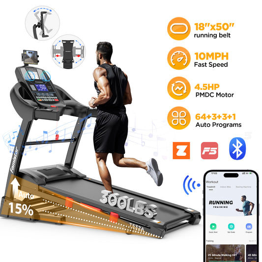 FaayFian 4.5HP Folding Treadmill with 15% Auto Incline for Home, Portable Treadmill 300 LBS, Powerful Motor, Shock-Absorbing Deck, 64 Preset Programs, 10 MPH, Space-Saving Design for Home Fitness