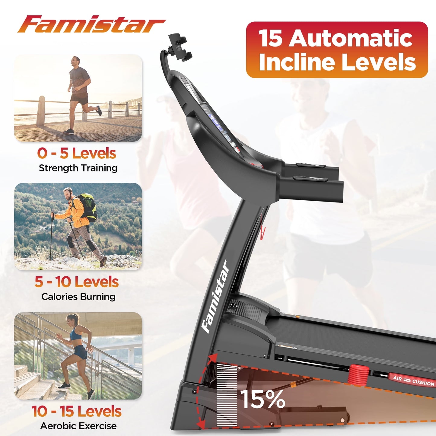 Campmoy 300Lbs Capacity Folding 5HP Treadmill w/15-Level Auto Incline, 64+7 Preset Programs