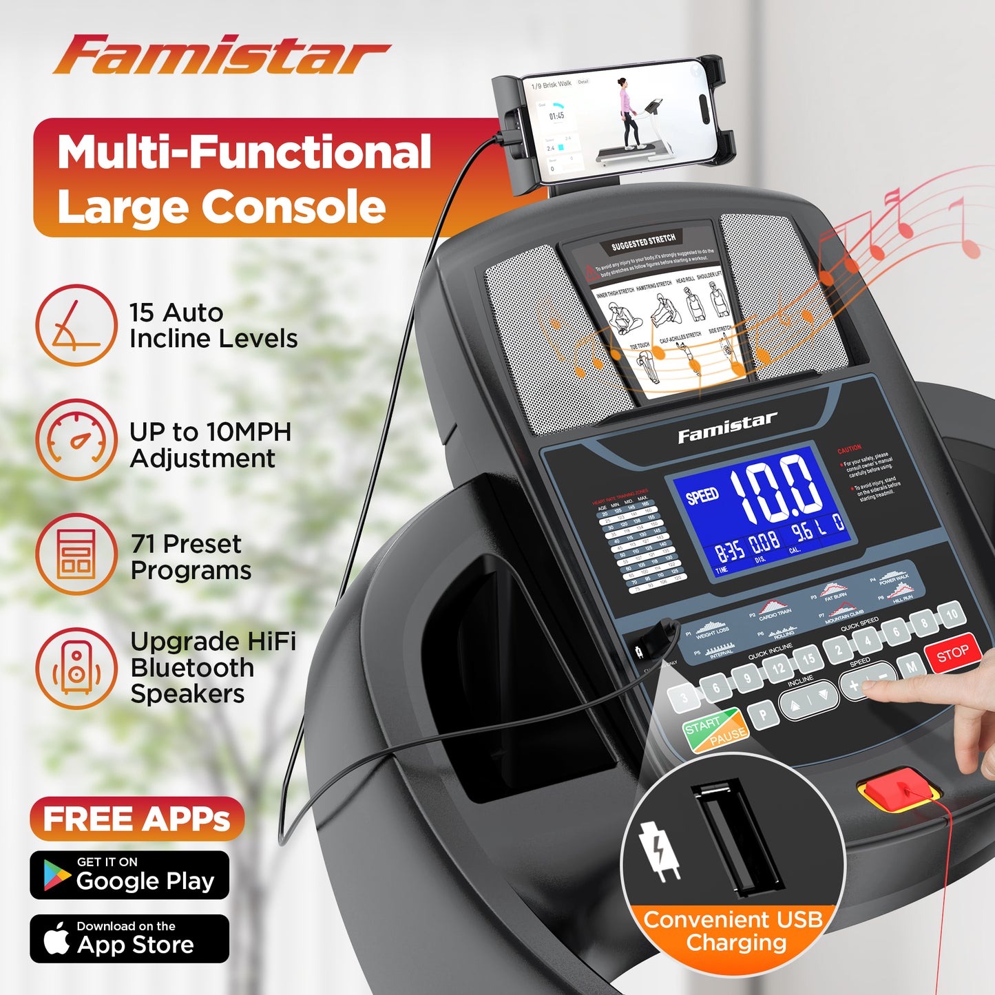 Famistar 5.1HP Folding Treadmill for Home with 15% Auto Incline, 300 LB Capacity, Portable Foldable Treadmill, FREE APP Control, Adjustable iPad Holder, 10MPH Speed, 71 Programs, Knee Strap Gift