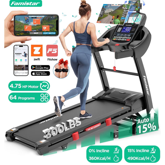 10MPH Folding Treadmill w/ 15% Auto Incline, 300lb Capacity, Treadmill for Home Portable Foldable Exercise Equipment