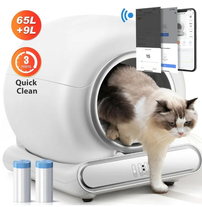 MAJUNES  Self-Cleaning Cat Litter Box for Multiple Cats, Automatic 65 L Capacity with WiFi APP Control, Health Monitoring, Odor Control, Quiet Operation, Includes 2 Liner Rolls, Easy Setup