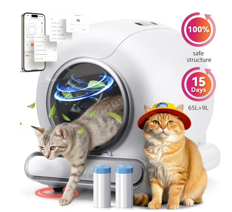 ODYAAZ Self Cleaning Cat Litter Box, Automatic Litter Box with APP Control, Odor Removal, Safety Protection, 65L+9L Large Capacity, Litter Box with 2 Liners & Baffle Plate