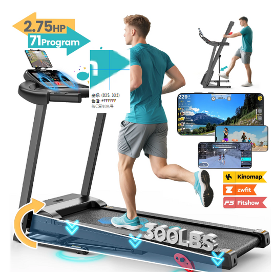 2.75HP Folding Treadmill with 300lb Capacity, 3 Adjustable Incline, 64+6+1 Program, Smart APP Connection
