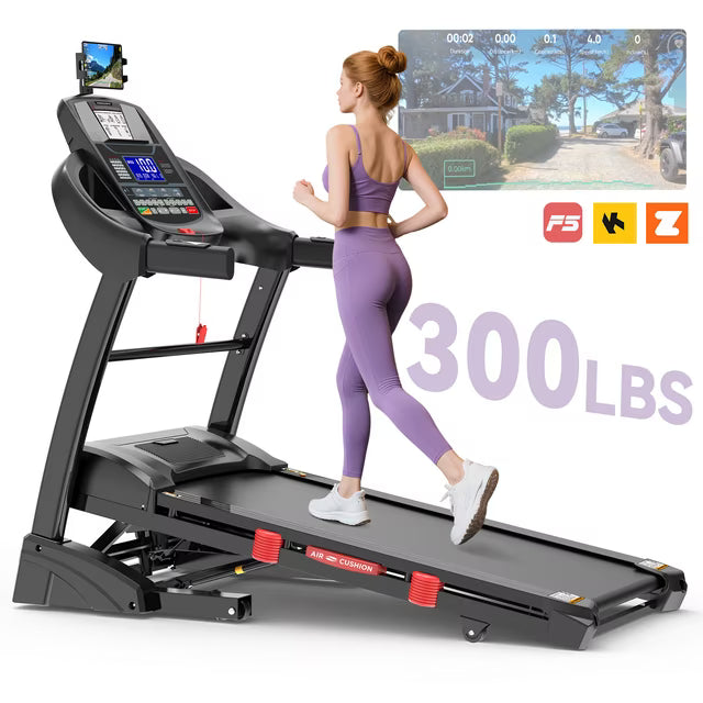 Qvamodo 4.75 HP Folding Treadmill for Home with 15% Auto Incline, 300LB Capacity, 10MPH Speed, App & Bluetooth Speaker, LCD Display, Portable Treadmill Running Walking Machine, Shock Absorption