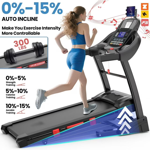 FaayFian 5.0HP Portable Treadmill for Home w/15% Auto Incline,Folding Treadmill 300LB Capacity, 10MPH Speed, 64+3+3+1 Programs, Bluetooth Speakers, App Control, Knee Gift