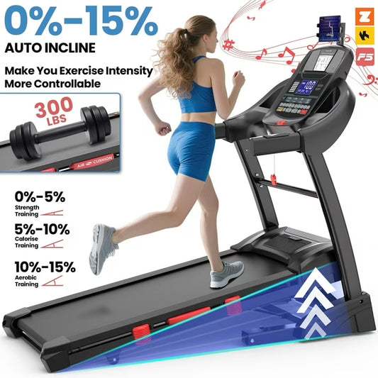 FaayFian 5.0HP Portable Treadmill for Home w/15% Auto Incline,Folding Treadmill 300LB Capacity, 10MPH Speed, 64+3+3+1 Programs, Bluetooth Speakers, App Control, Knee Gift