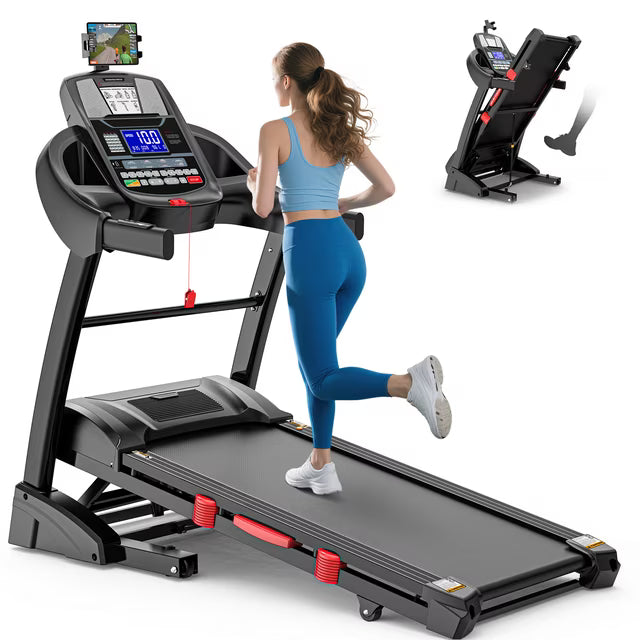 Qvamodo Treadmill with 15 Levels Auto Incline, 4.5 HP 300LBS Capacity Electric Portable Treadmill for Home , 0.6-10MPH Speed, Pulse Sensor, Digital Display, Holder for Cup & Phone, Knee Gift