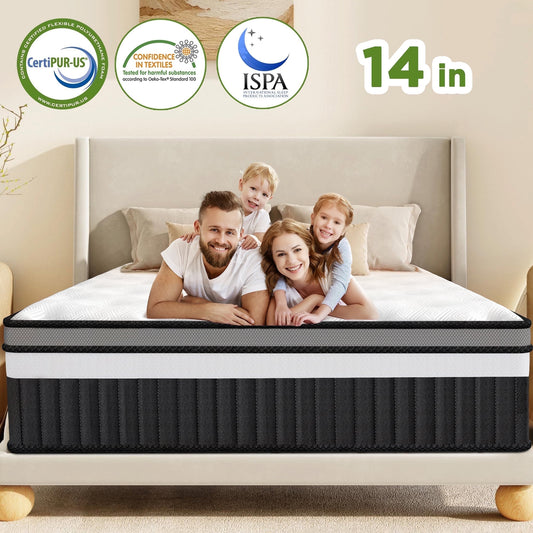 14" King High-Density Memory Foam Mattress in a Box, Independent Pocket Springs, Hypoallergenic Soft Knit Fabric, Cooling Breathable Design