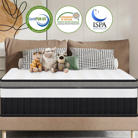 14" King Mattress, Gel Memory Foam and Pocket Innerspring Mattress for Motion Isolation, Medium Firm Feel, Pressure Relief, Cooling Breathable Mattress in a box, White