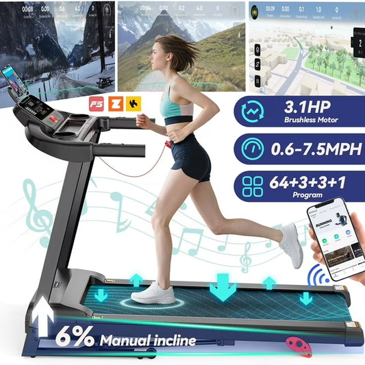FaayFian 3.1HP Treadmill for Home, Folding Treadmill 300lbs Capacity, Treadmill with 6% Incline, 0.6-7.5MPH, 64 Preset Program, App Control, Knees Protection