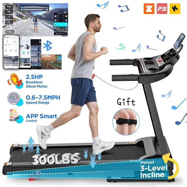 2.5HP Folding Treadmill for Home, Treadmill 300 lbs Capacity, Manual Incline Treadmill, Bluetooth Connectivity, Device Holder,71 Programs