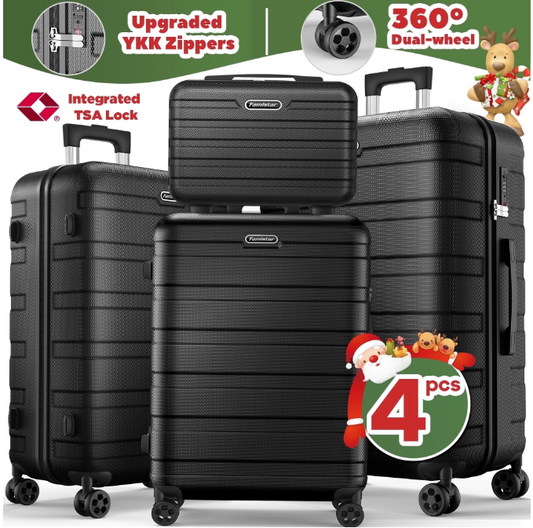 ODYAAZ 4Pcs Hardshell Luggage Set, Lightweight Suitcases w/ Spinner Wheels, Carry on Luggage, Black