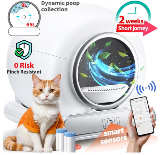 Smart Self-Cleaning Cat Litter Box with Odor Control, App Control, UV Sterilization & Safety Sensors, 19.8 Gal Drum, Fits Up to 22 lb Cats