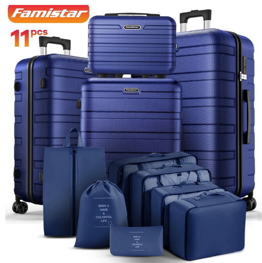 ODYAAZ 11Pcs Luggage Set, Hardside Suitcase w/ Spinner Wheels&TSA Lock, 14” Travel Case, 20” Carry on Luggage, 24”/ 28” Checked Luggage, Packing Cubes, Lightweight Luggage Set, Blue