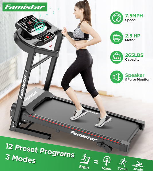 Treadmill Clearance for Home, Portable Folding Electric Exercise Treadmill with Adjustable Incline, 12 Programs 3 Modes, 265 lb Capacity, 7.5MPH Speed, Music Speaker, Running Walking Jogging