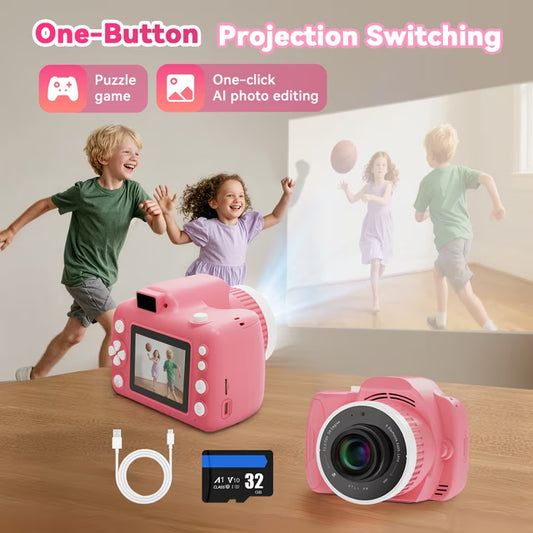 Magical Kids Camera with Projector, Capture, Create & Share with Big Screen, Dual Display, One Touch AI Editing, 6000mAh Battery, 32GB SD Card Included (Pink/Blue)