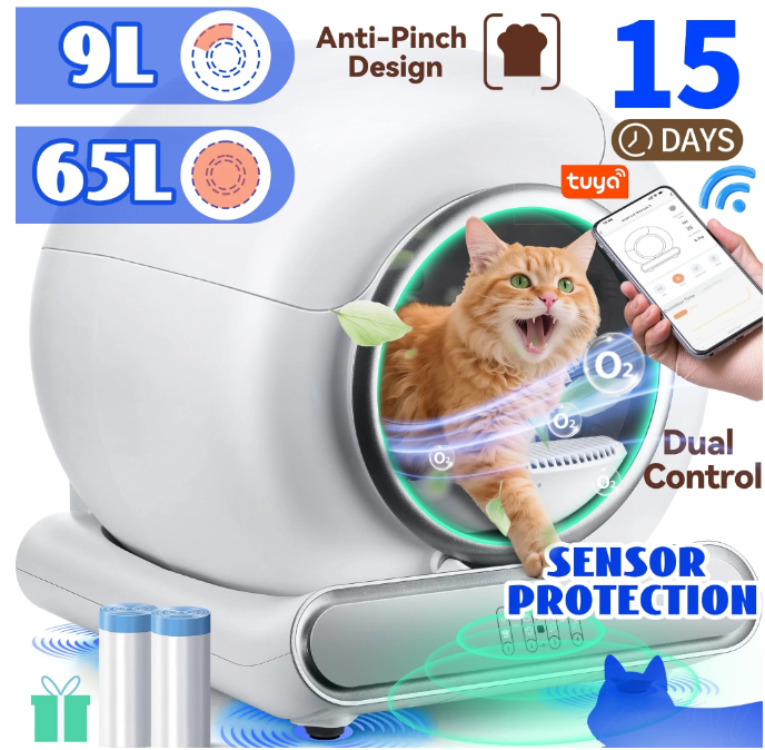 Automatic Cat Litter Box, Self Cleaning Litter Box, 65+9L Smart Cat Litter Box, APP Control, Safety Sensors, 2 Rolls Liner Gift