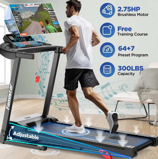 Folding Treadmill with Incline, Treadmill with 3.4HP Brushless Motor, 330lb Capacity, 7.5MPH, APP Control, 64+7 Programs, Jogging Walking Treadmills for Home, Portable Foldable Exercise Equipment