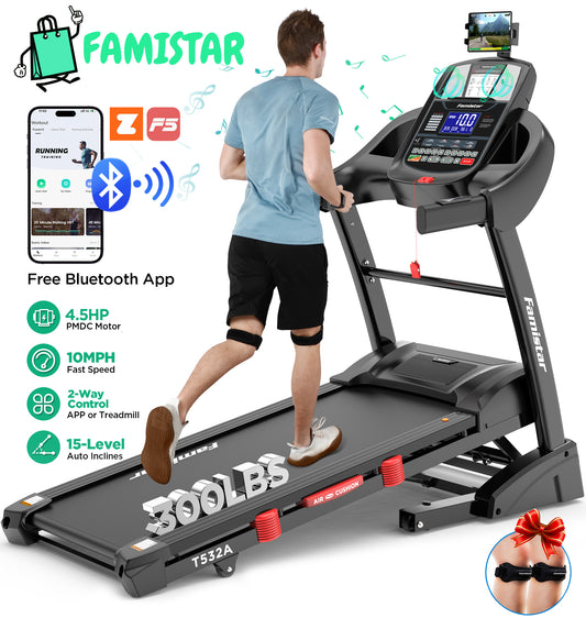 Famistar 4.75HP Treadmill 300LB Capacity, 15% Auto Incline Treadmill for Home, 10MPH Fast Speed, Portable Treadmill Running Walking Machine, Smart Apps, 64+7 Programs, Stereo Bluetooth Speakers