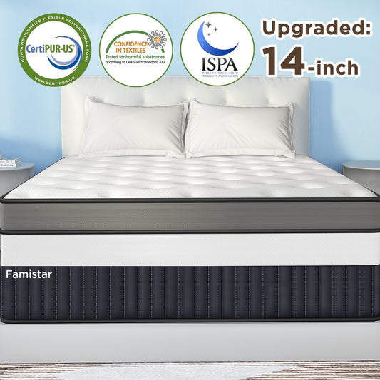 MAJUNES 14 Inch King Size Mattress, Hybrid Gel Foam Mattress in a Box, Medium Firm,Cooling & Breathable Fabric