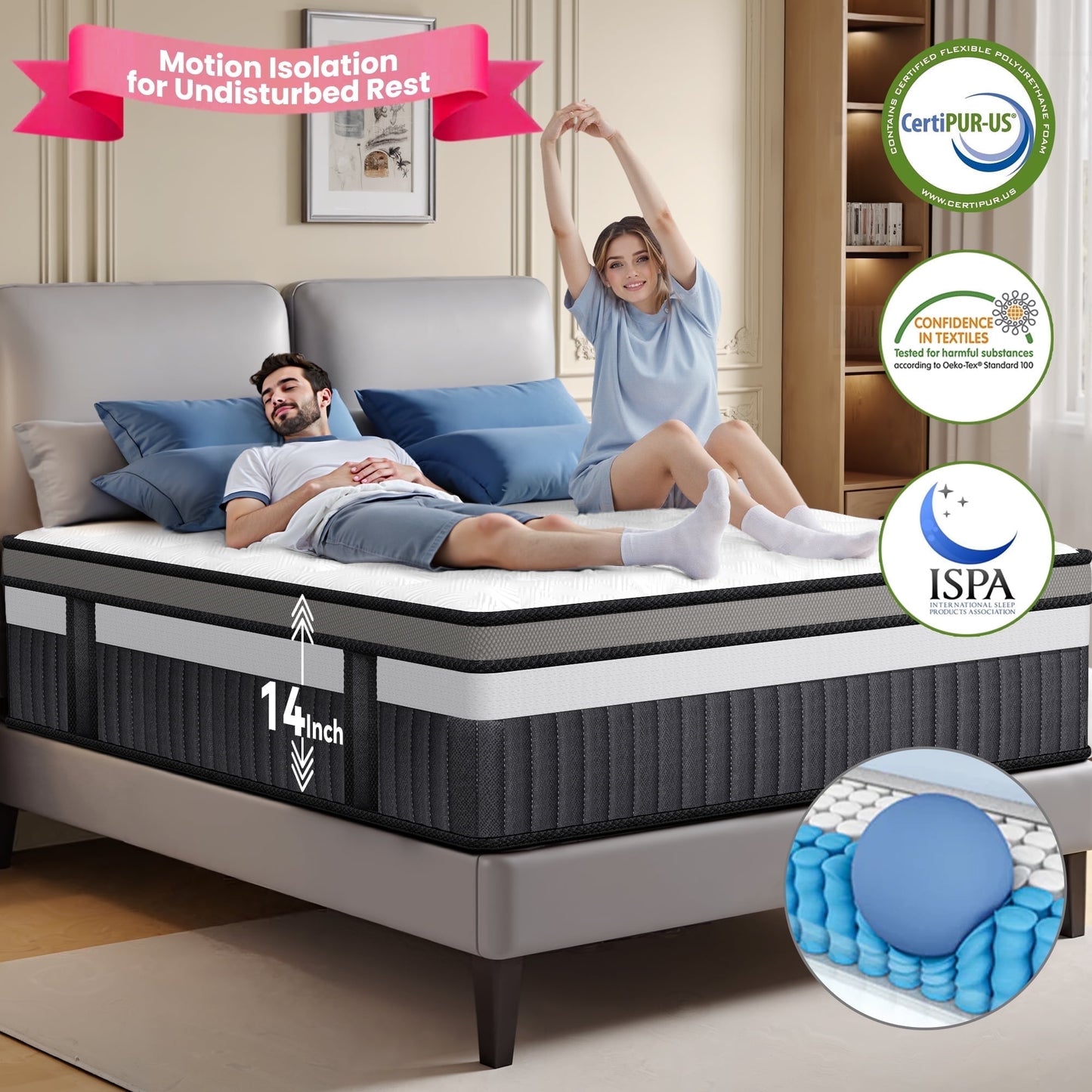14 Inch King Size Mattress, Hybrid Mattress with Memory Foam & Pocket Springs for Motion Isolation, Medium Firm Bed-in-a-Box, Motion Isolation, Cooling & Breathable