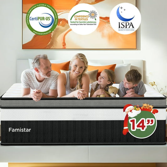 Campmoy 14 Inch Queen Mattress, Gel Memory Foam Hybrid Bed in a Box, Cooling & Breathable Fabric Design
