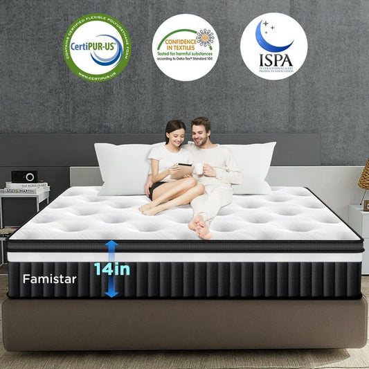 ODYAAZ 14 Inch King Size Mattress, Pressure Relief Hybrid Mattress w/Thicker Gel Memory Foam & Pocket Coils