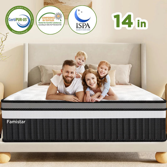 14" King Mattress with High-Density Memory Foam, Independent Pocket Springs for Motion Isolation, Hypoallergenic Soft Knit Fabric for Even Weight Distribution, Cooling & Breathable Mattress