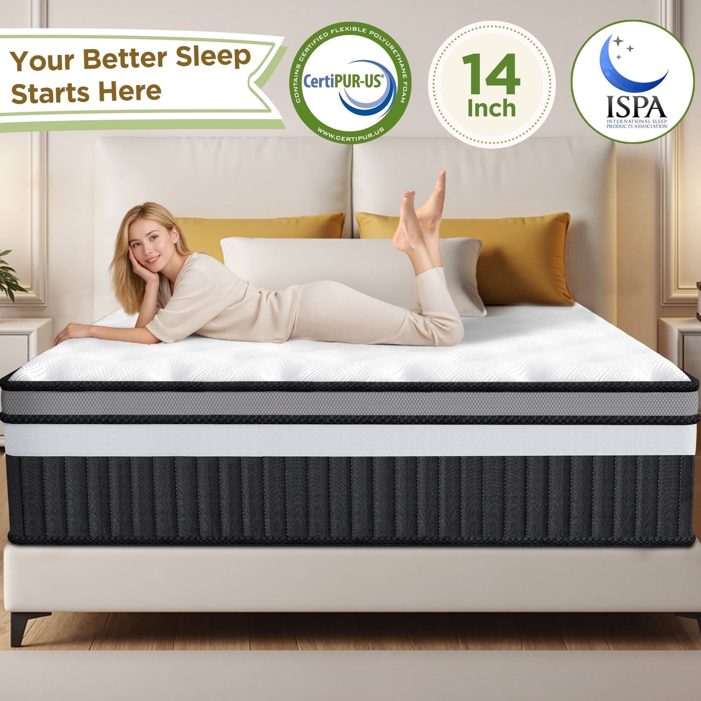 Qvamodo 14" Queen Mattress in a Box, Hybrid Memory Foam Bed – Medium Firm Feel