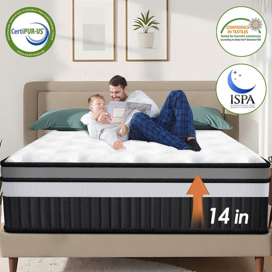 14 Inch Queen Mattress, Gel Memory Foam Hybrid Mattress in a Box, Pocket Spring Support with Motion Isolation