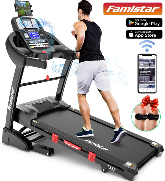 Famistar 4.5HP Folding Treadmill Clearance for Home with 15 Auto Incline, Smart APP, 300lbs, HiFi Bluetooth Speakers, 64 Programs, 10MPH Speed, Foldable EleTreadmill Running Machine, Knee Strap Gift