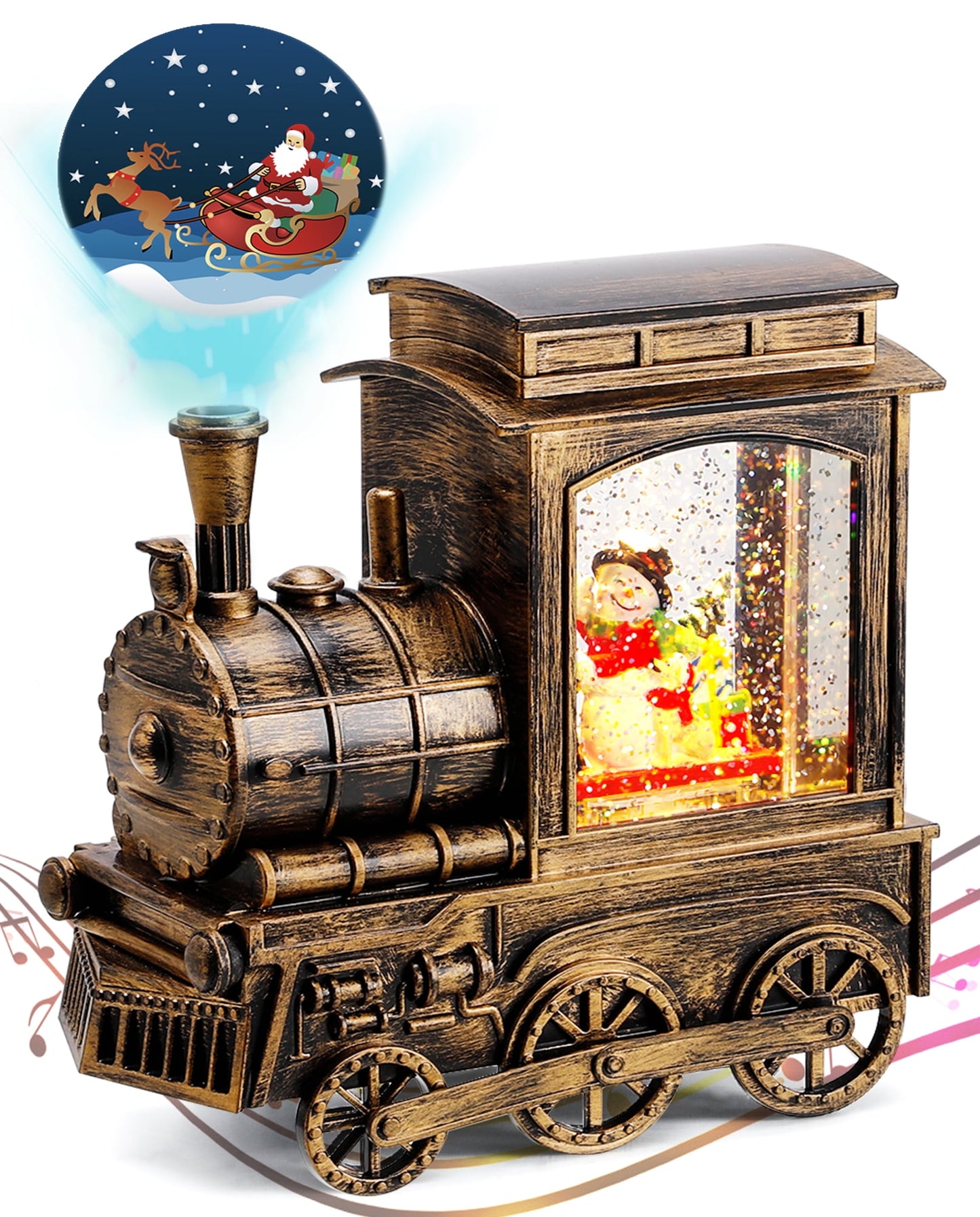 Famistar Christmas Snow Globe Lantern Train with Santa Sleigh Projection, Water Swirling Glitter Musical and Lighted USB Powered & Battery Operated Music Box for Christmas Home Decoration Gift