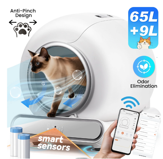Self Cleaning Cat Litter Box, 65+9L Large Automatic Litter Box with Liner for Multiple Cats, App Controlled, Odor Removal, Anti-Pinch Design