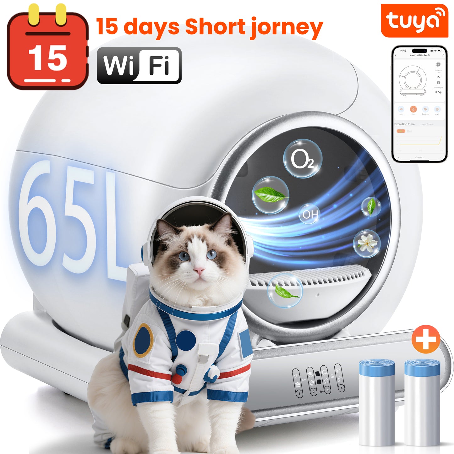 Qvamodo Automatic Litter Box, 65+9 L Self Cleaning Cat Litter Box Self Cleaning for Multiple Cats, with Safety Protection, Odor-Removal, App Control,2 Roll Garbage Bags, Easy Setup, White