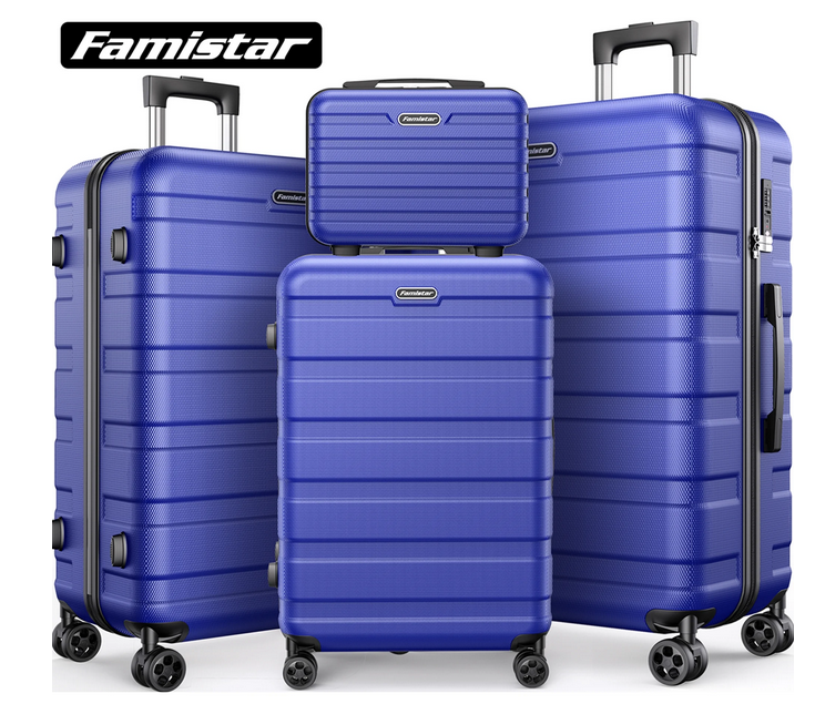 Famistar 4 Piece Hardside Luggage Suitcase Set with 360° Double Spinner Wheels Integrated TSA Lock, 14” Travel Case, 20" Carry-On Luggage, 24" Checked Luggage and 28" Checked Luggage, Blue