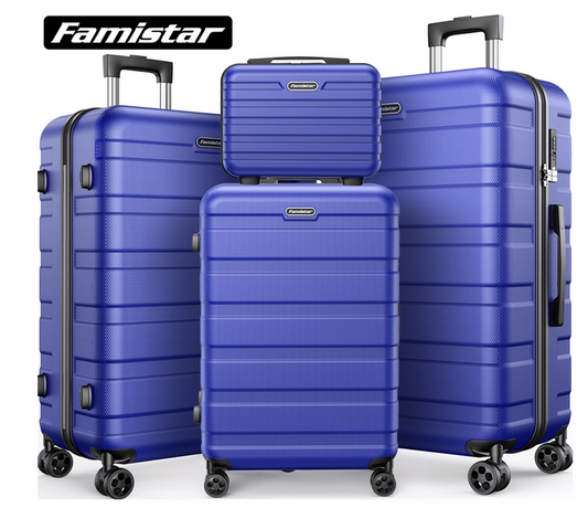 Famistar 4 Piece Hardside Luggage Suitcase Set with 360° Double Spinner Wheels Integrated TSA Lock, 14” Travel Case, 20" Carry-On Luggage, 24" Checked Luggage and 28" Checked Luggage, Blue