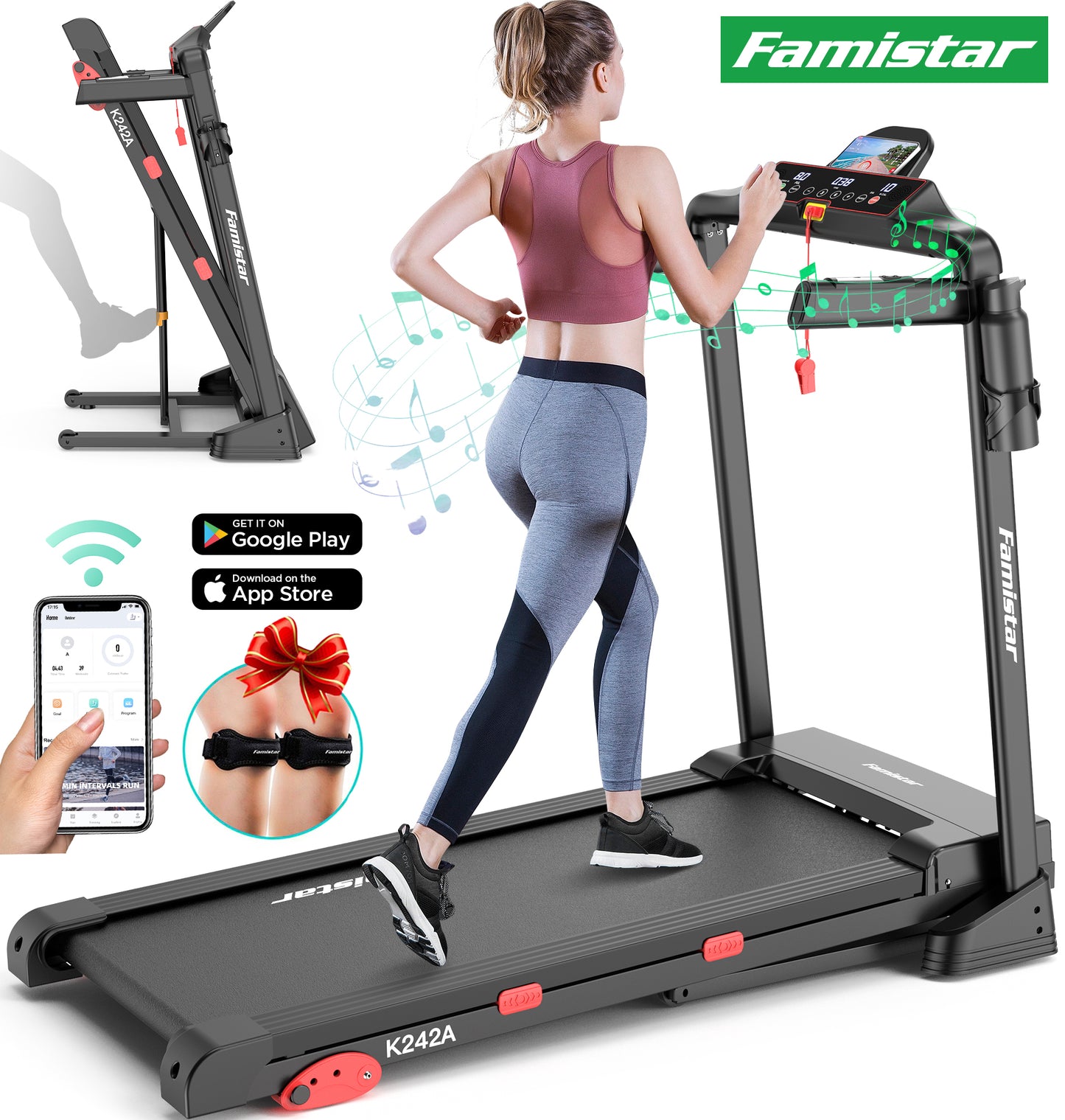 Famistar Folding Electric Incline Treadmill for Home, 8MPH Speed, 250lbs, APP Control, 15 Programs & 3 Modes, Touch Screen Display, Bluetooth Speakers, Easy Assembly Running Jogging Machine