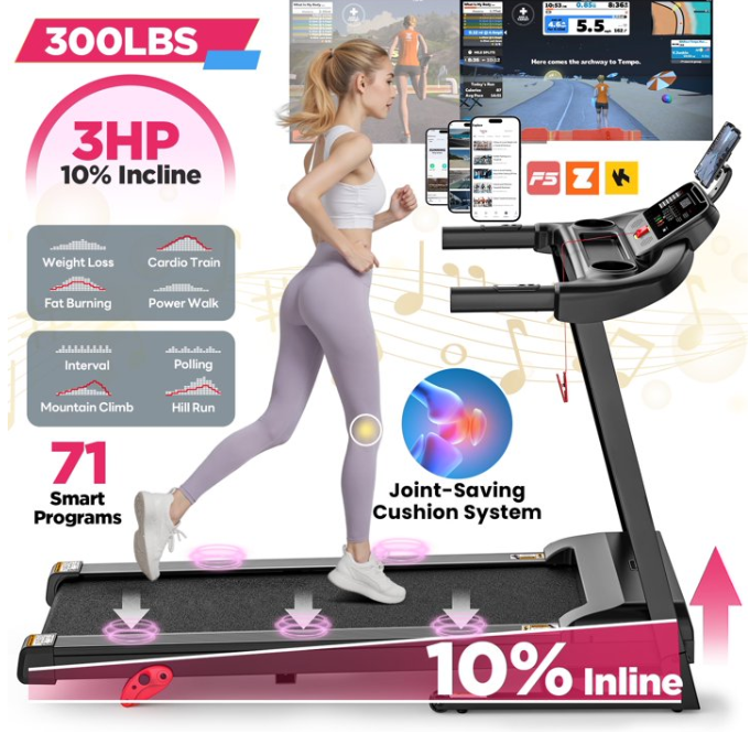 Folding Treadmill w/ Incline, 2.5HP Treadmill for Home w/ 300lb Capacity, 71 Programs