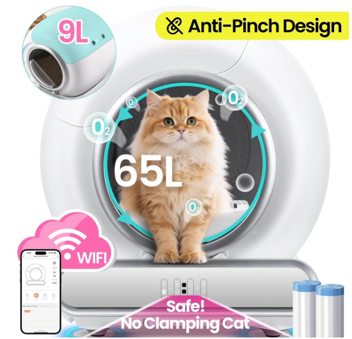 FaayFian Self Cleaning Cat Litter Box with APP Control, 65+9L Large Litter Box, Automatic Cat Litter Box, Safety Protection, Odor Removal, Litter Box with 2 Rolls Liners