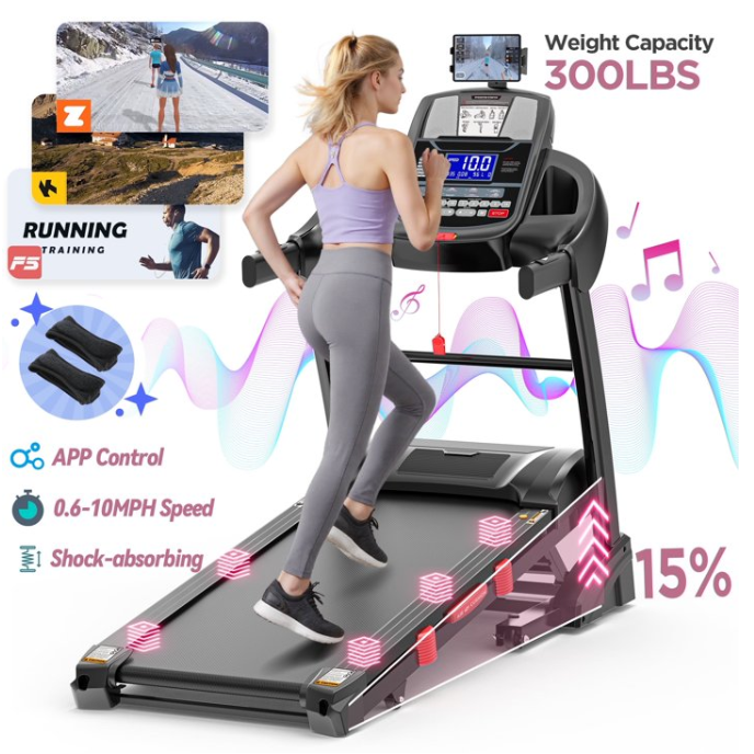 Folding Treadmill with 300lbs Capacity, Treadmill for Home with 15% Incline, Portable Treadmill with APP Control, 64+3+3+1Programs,Space-Saving Design