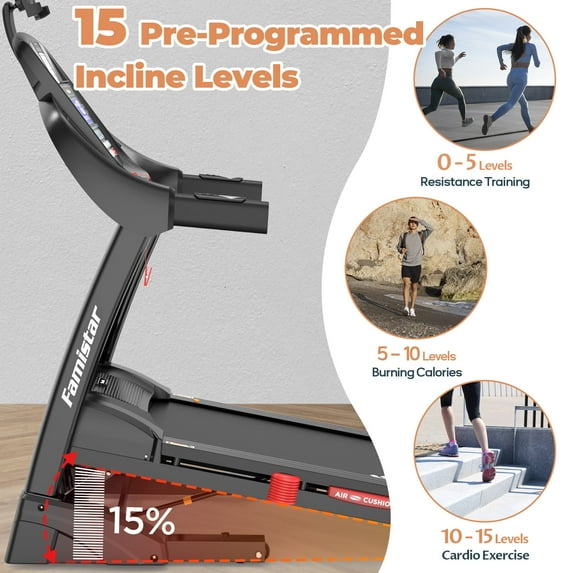 Famistar 5HP Foldable Treadmill w/ 15% Auto Incline, 400LB Treadmill for Home Jogging Walking, Personalized App Control