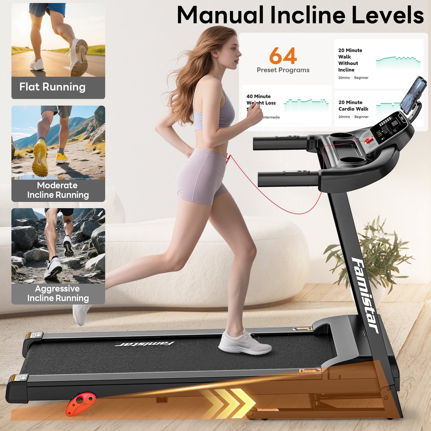 FaayFian 3.1HP Treadmill for Home, Folding Treadmill 300lbs Capacity, Treadmill with 6% Incline, 0.6-7.5MPH, 64 Preset Program, App Control, Knees Protection