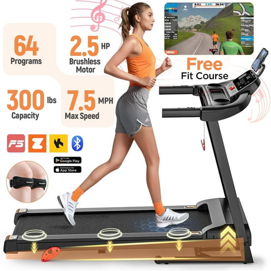 2.5HP Folding Incline Treadmill, Electric Treadmill for Home, Treadmill with 300LBS Capacity, APP Control, 64 Programs, Shock Absorption, 0.6-7.5MPH, Home&Office