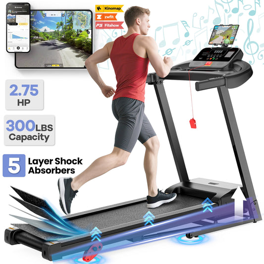 2.75HP Foldable Treadmill w/ Incline, 300lbs Capacity Treadmill for Home with 64+7 Preset Programs