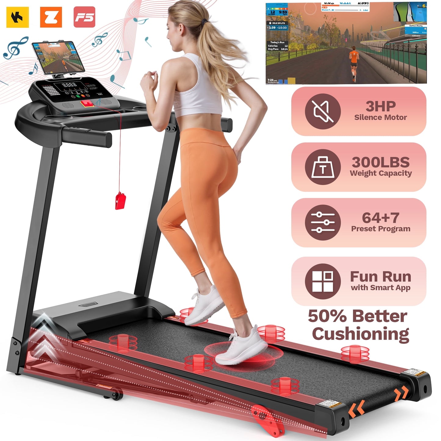 3HP Folding Treadmill with Incline for Home, 300LBS Capacity Portable Treadmill, Free Training Classes with APP, 64+3+3+1 Program, Air damping System, 7.5MPH Jogging Walking Exercise Machine