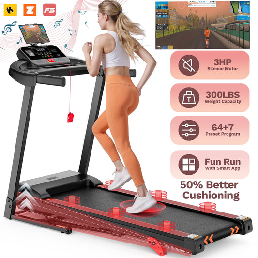 3HP Folding Treadmill with Incline for Home, 300LBS Capacity Portable Treadmill, Free Training Classes with APP, 64+3+3+1 Program, Air damping System, 7.5MPH Jogging Walking Exercise Machine