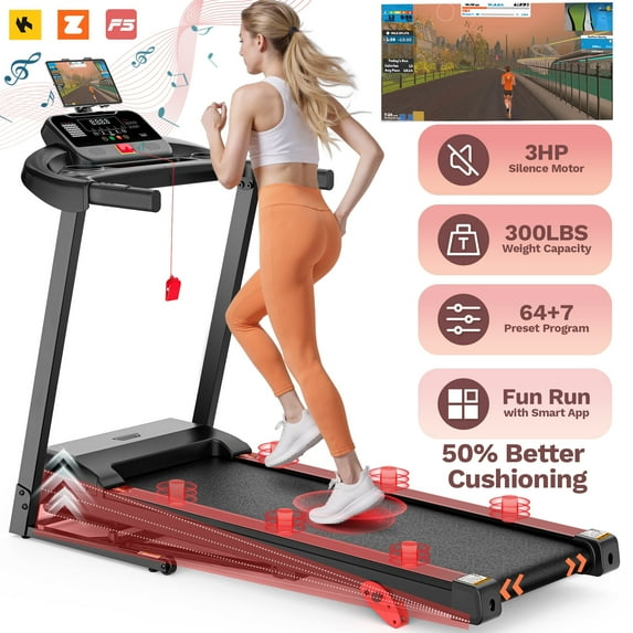 3HP Folding Treadmill with Incline for Home, 300LBS Capacity Portable Treadmill, Free Training Classes with APP, 64+3+3+1 Program, Air damping System, 7.5MPH Jogging Walking Exercise Machine