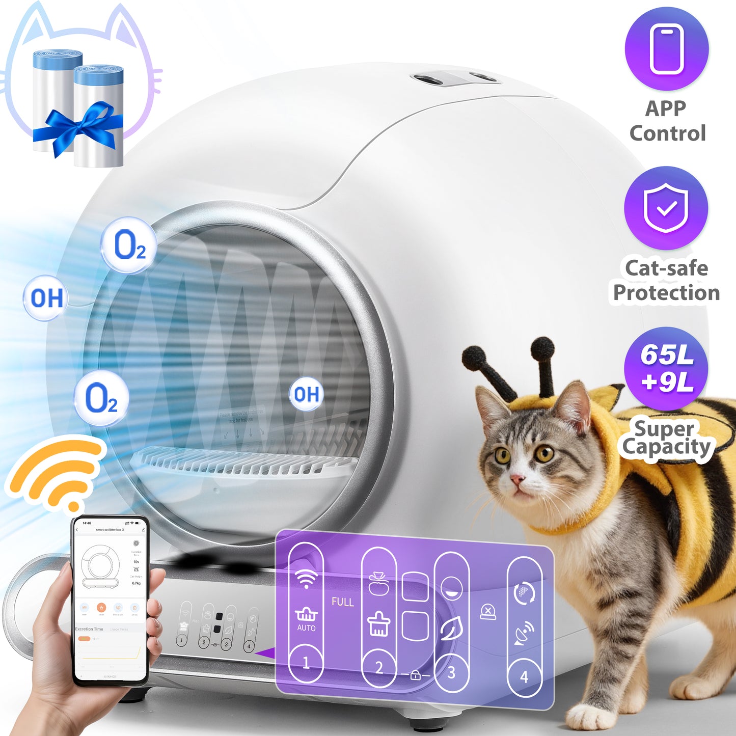 Qvamodo Smart Self-Cleaning Cat Litter Box - App-Controlled, Odor Removal, Large Capacity 65L